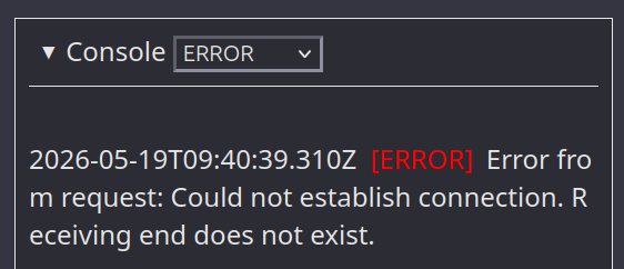 The console section of the sidepanel. In the console is an example log with a timestamp, a level of ERROR, and a log message describing the error.